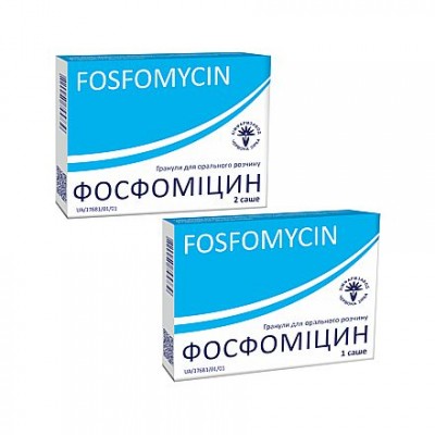 Фосфомицин, гранулы для орального раствора по 3 г, по 8 г препарата (3 г действующего вещества) в саше №1